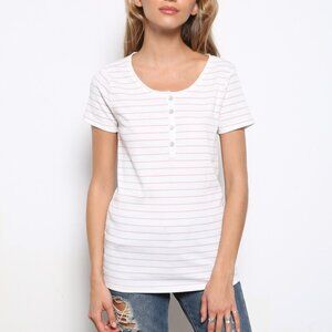 MITTOSHOP White Pink Stripe Henley Tee, Short Sleeve Ribbed Top,Minimalist Basic